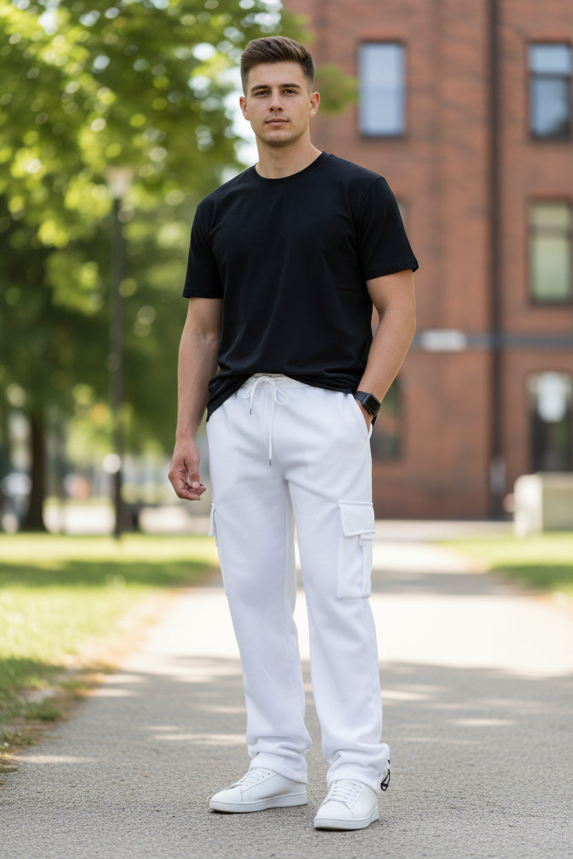 Person wearing white cargo pants and black shirt on a plain background