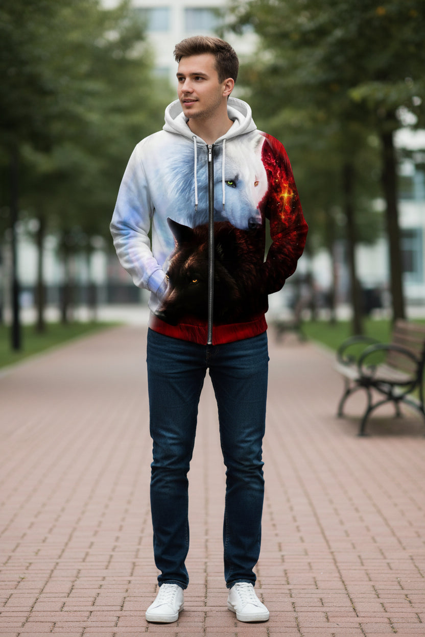 Hoodie with a design of two wolves, one white and one black, on a white background.