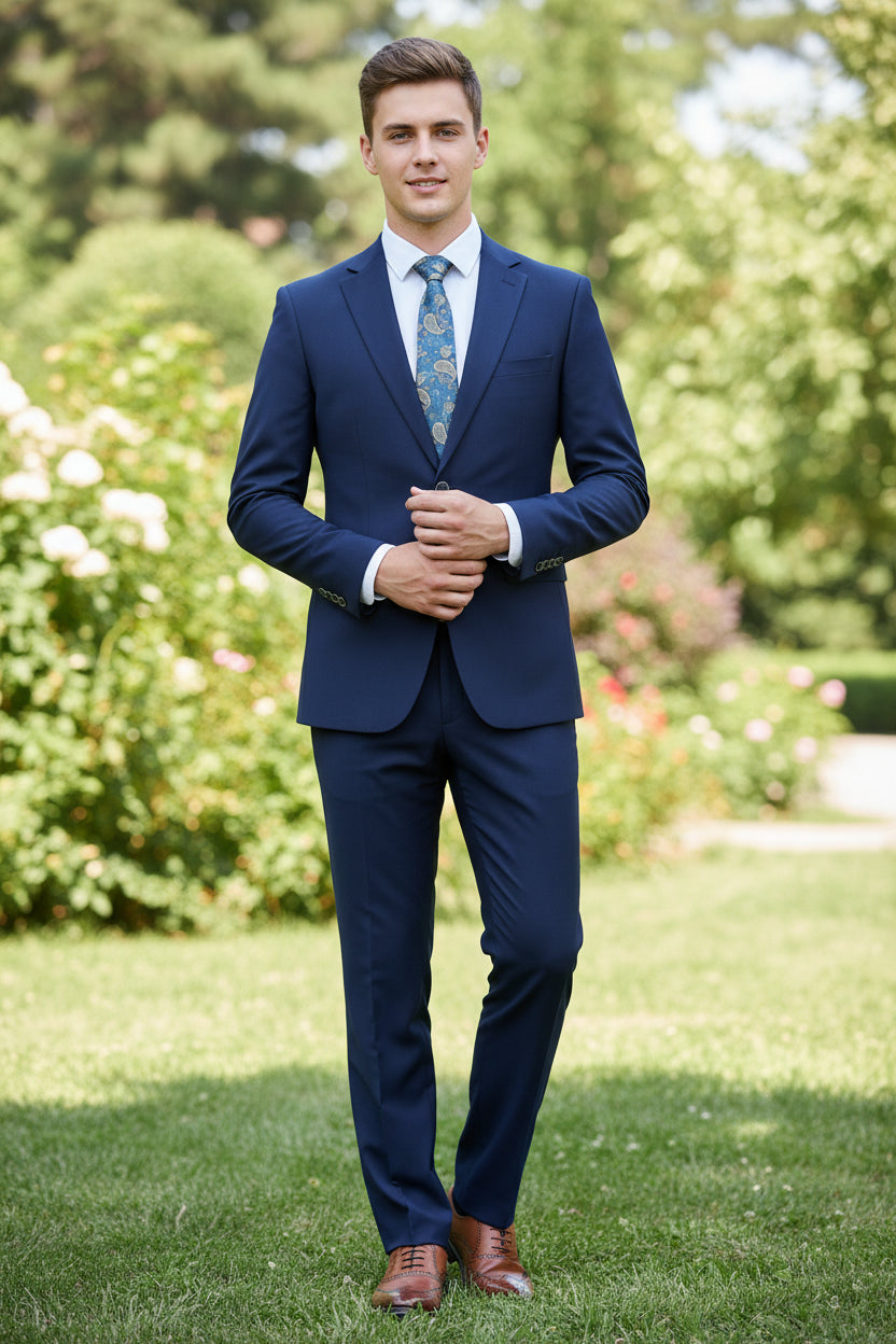 Navy blue suit with a white shirt, patterned tie, and brown shoes on a white background