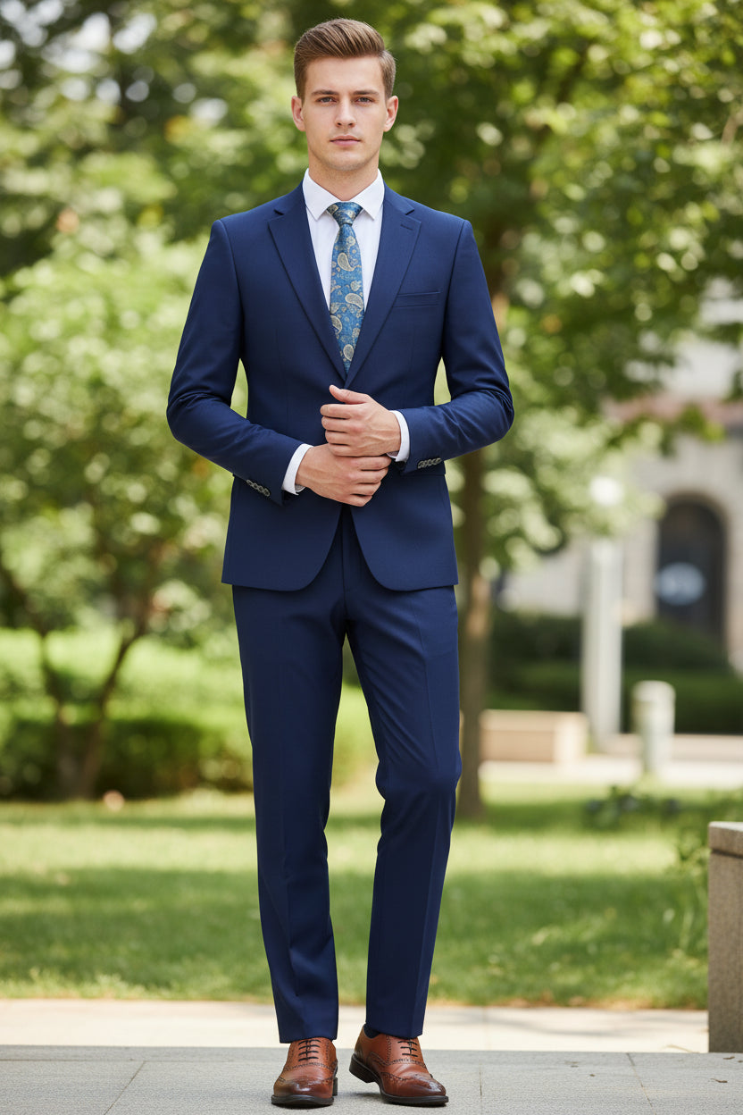Navy blue suit with a white shirt, patterned tie, and brown shoes on a white background