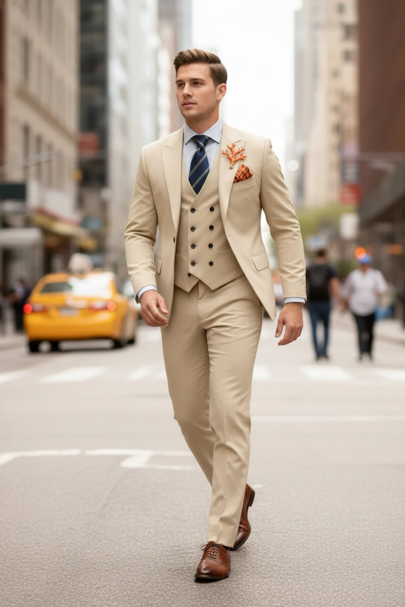 Man in a beige suit walking on a city street