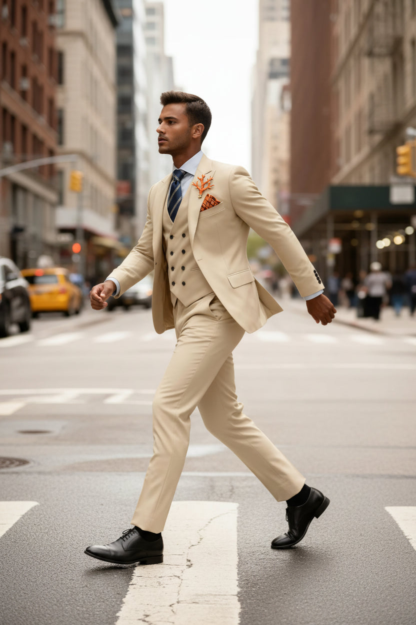 Man in a beige suit walking on a city street