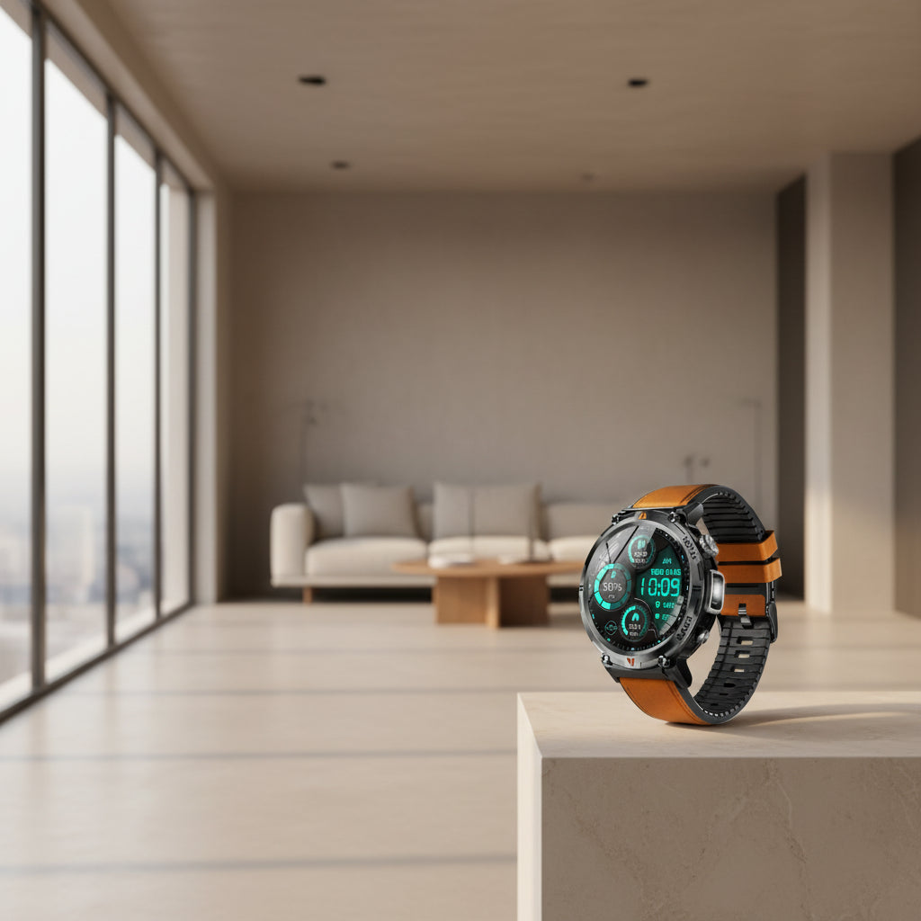 Smartwatch with brown leather strap and black case on a white background