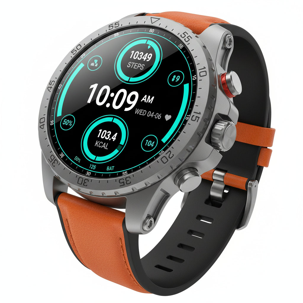 Smartwatch with brown leather strap and black case on a white background