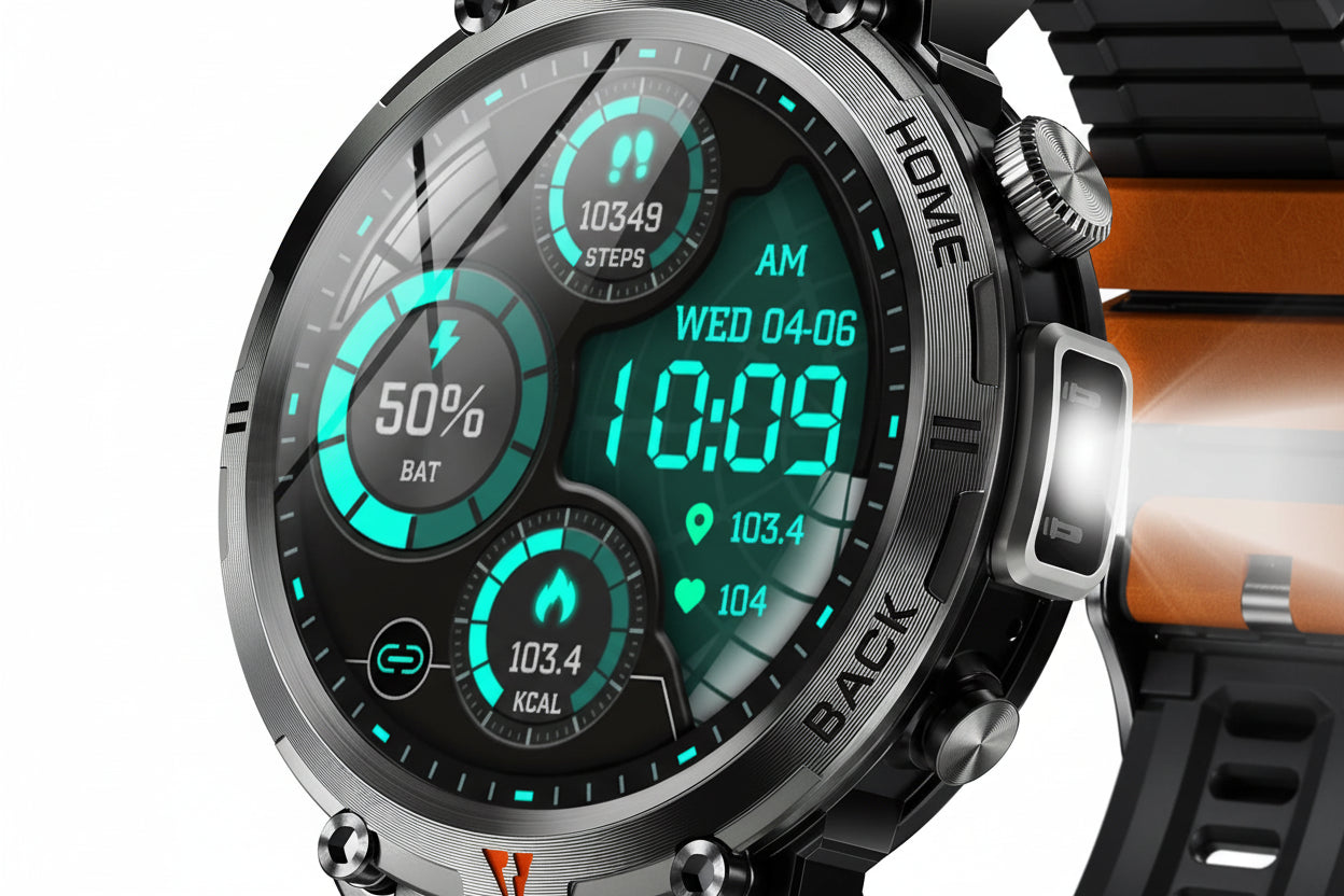 Smartwatch with brown leather strap and black case on a white background
