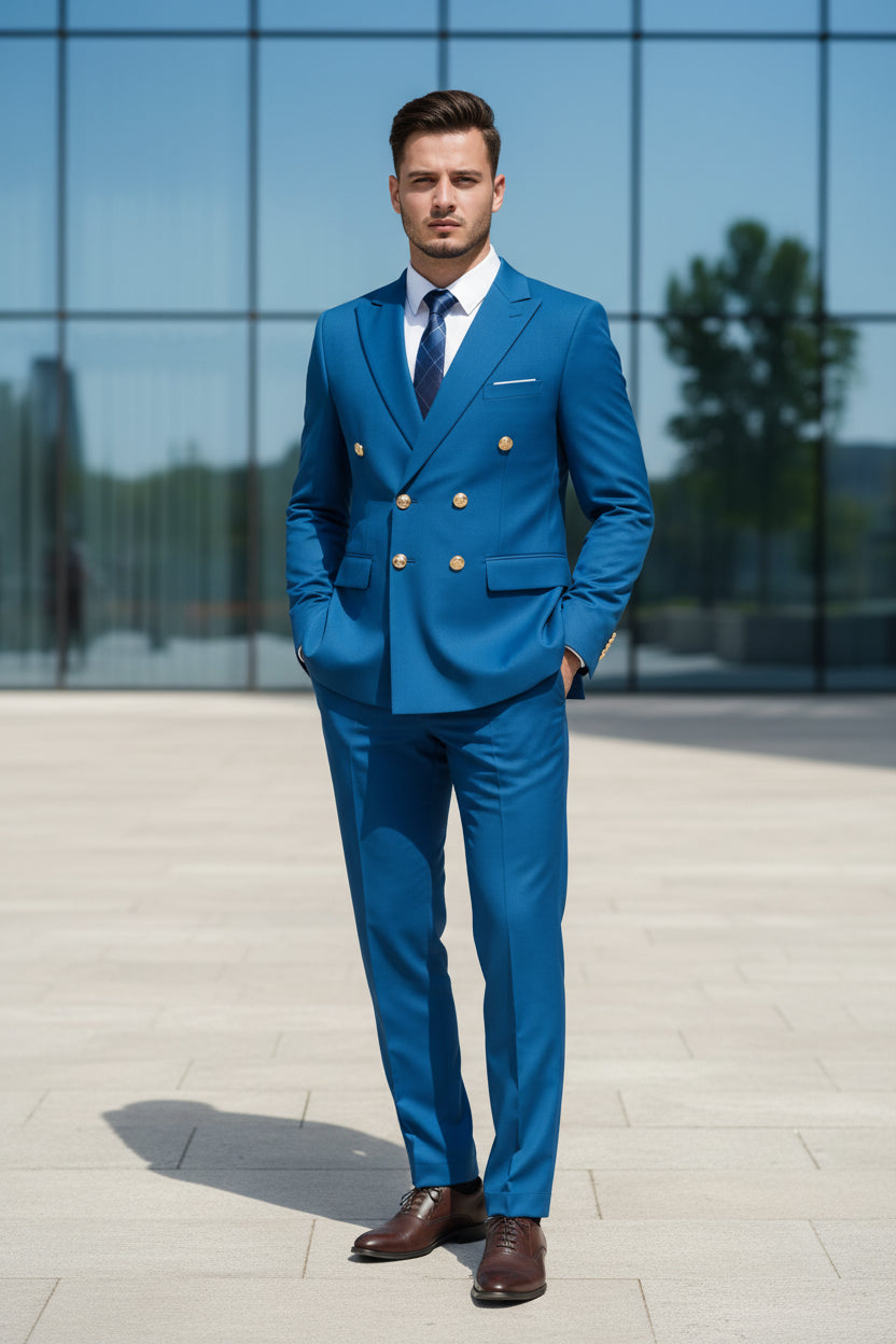 Blue suit with gold buttons on a white background