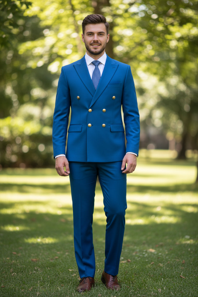 Blue suit with gold buttons on a white background