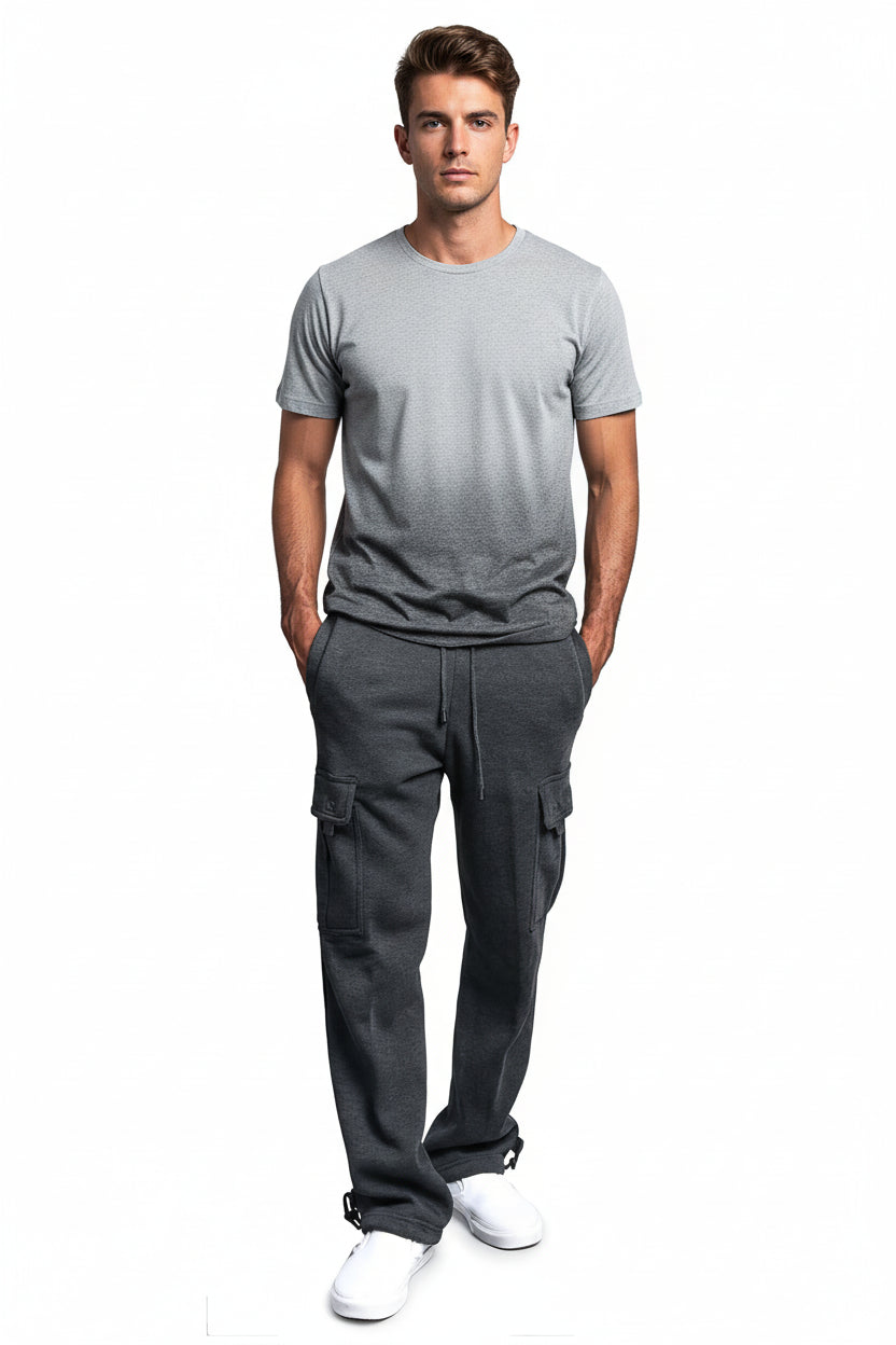 Person wearing gray cargo pants on a white background