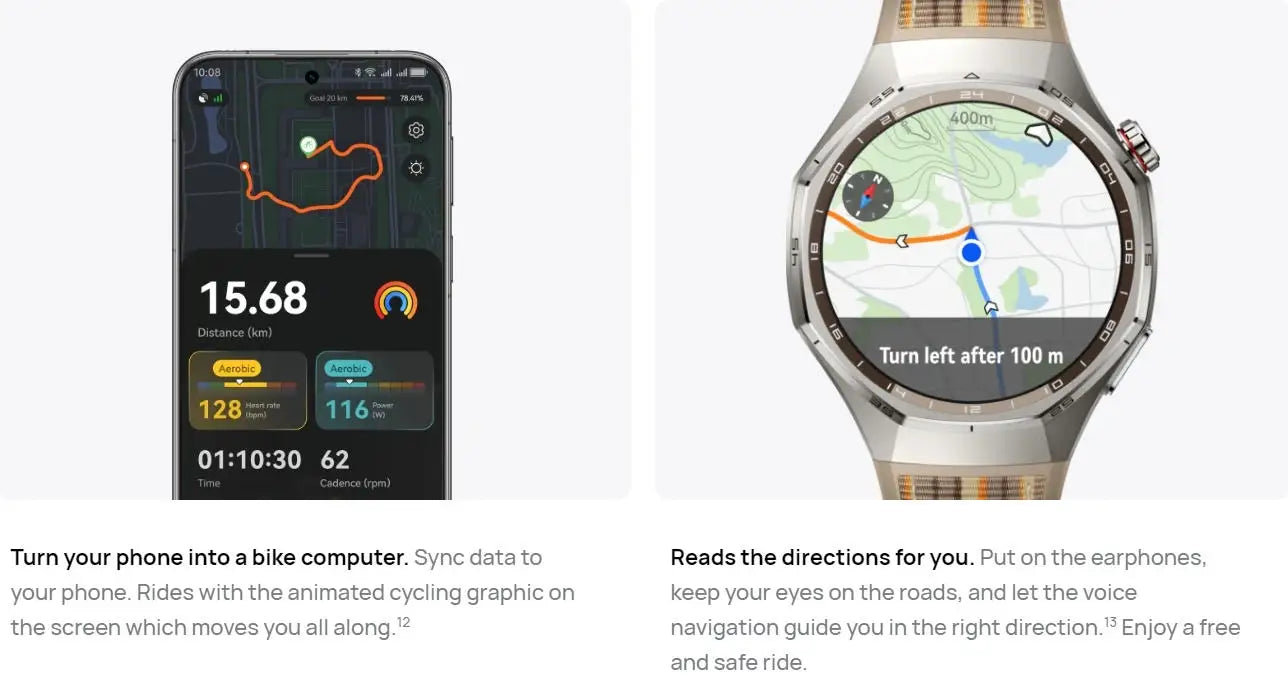 Smartphone and smartwatch displaying navigation apps with text describing their features.