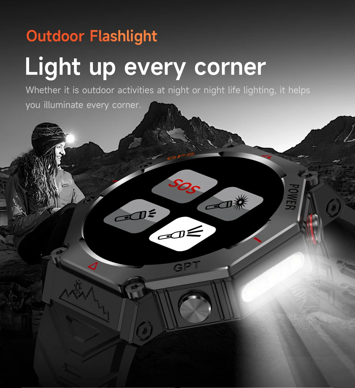 Outdoor flashlight with digital display and buttons, featuring a mountainous landscape background.