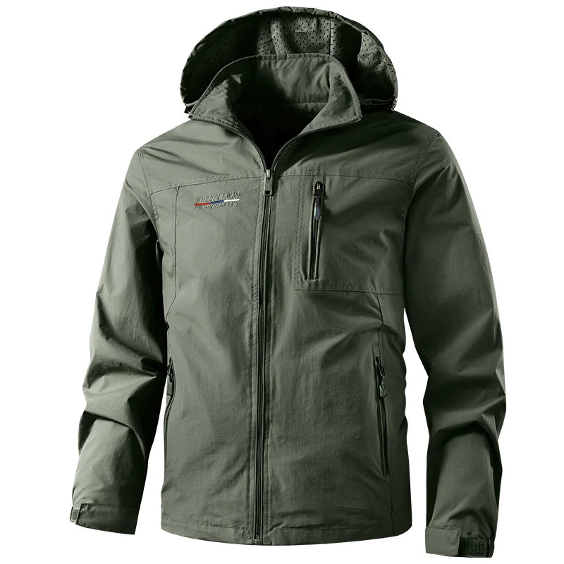 Mens Waterproof Jacket Outdood Hiking Cycling Hooded Windbreaker Multi-Pocket Camping Sportswear Windproof Workwear Coat for Men