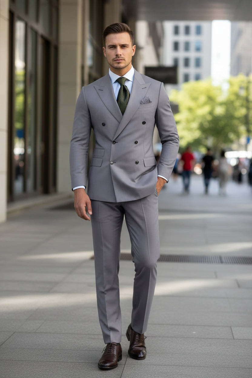 Gray suit with a patterned tie and pocket square on a blurred background