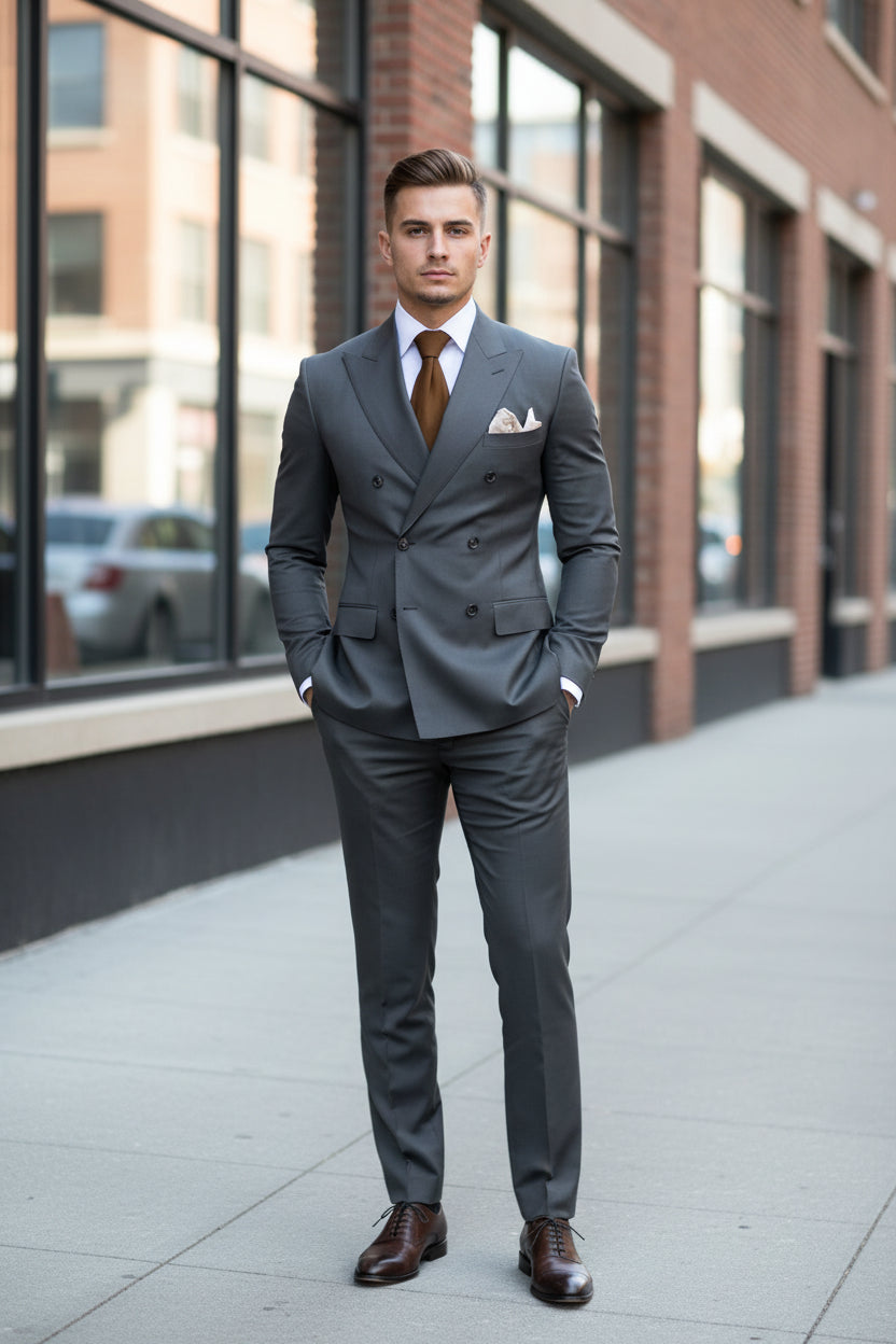 Gray suit with brown tie and pocket square, featuring 'Customize Mens-Tuxe Store' text.