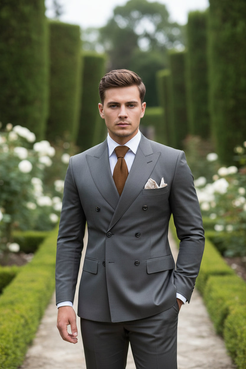 Gray suit with brown tie and pocket square, featuring 'Customize Mens-Tuxe Store' text.