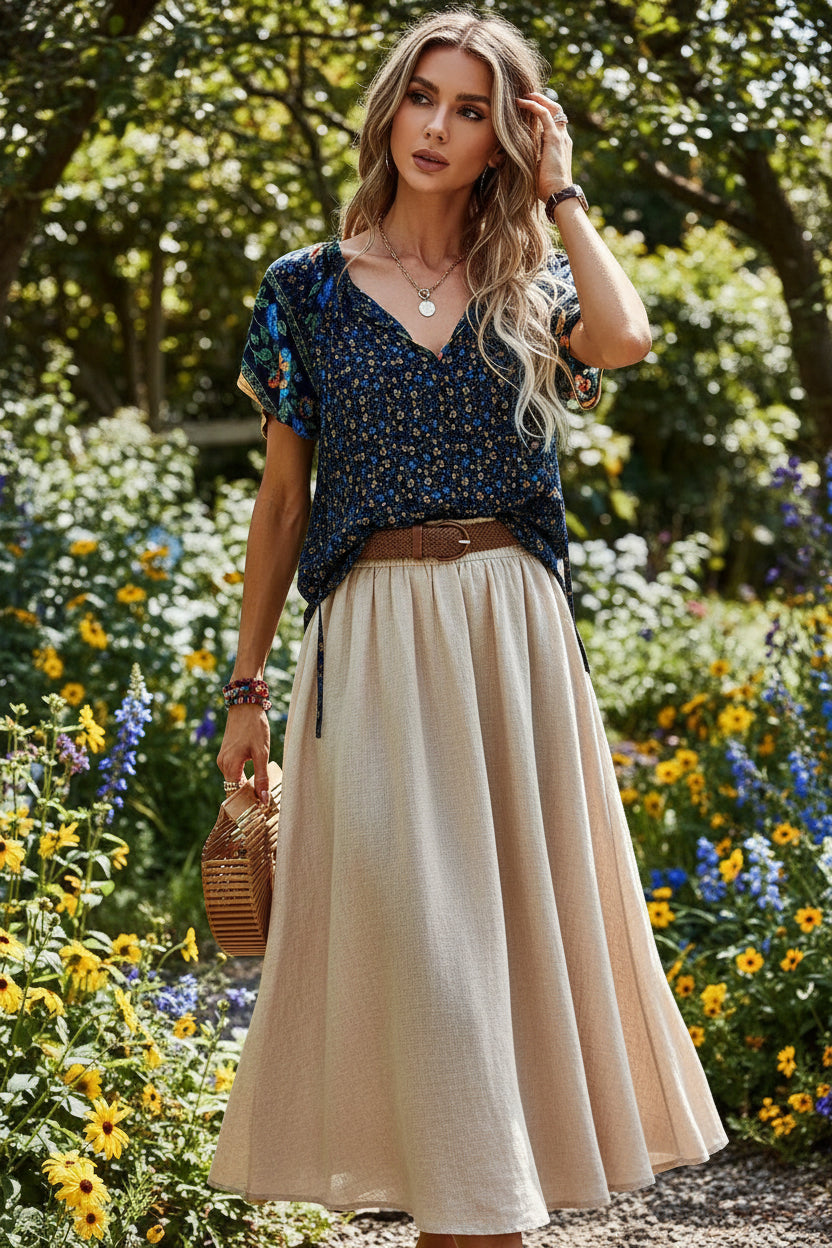 Summer Floral Print V-Neck Blouse for Women - Short Sleeve Boho Casual Beach Top