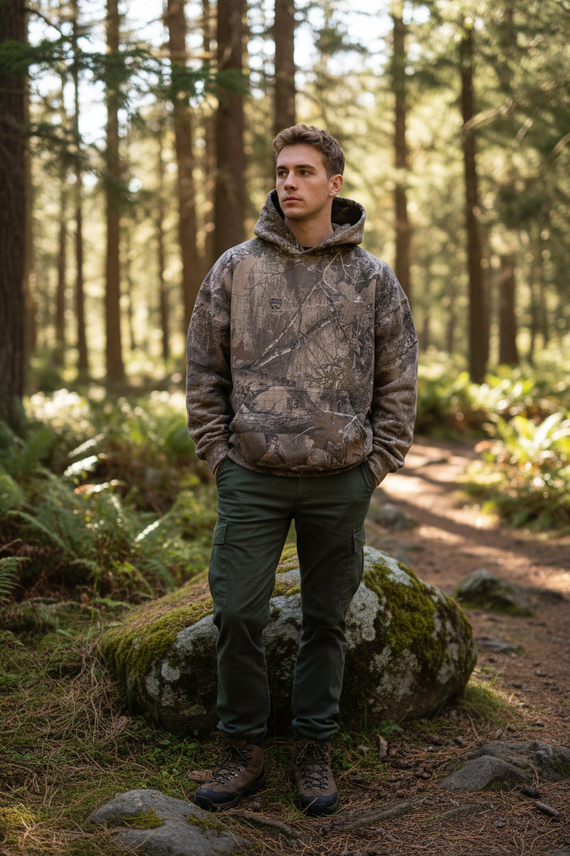 Camouflage hoodie on a textured gray background
