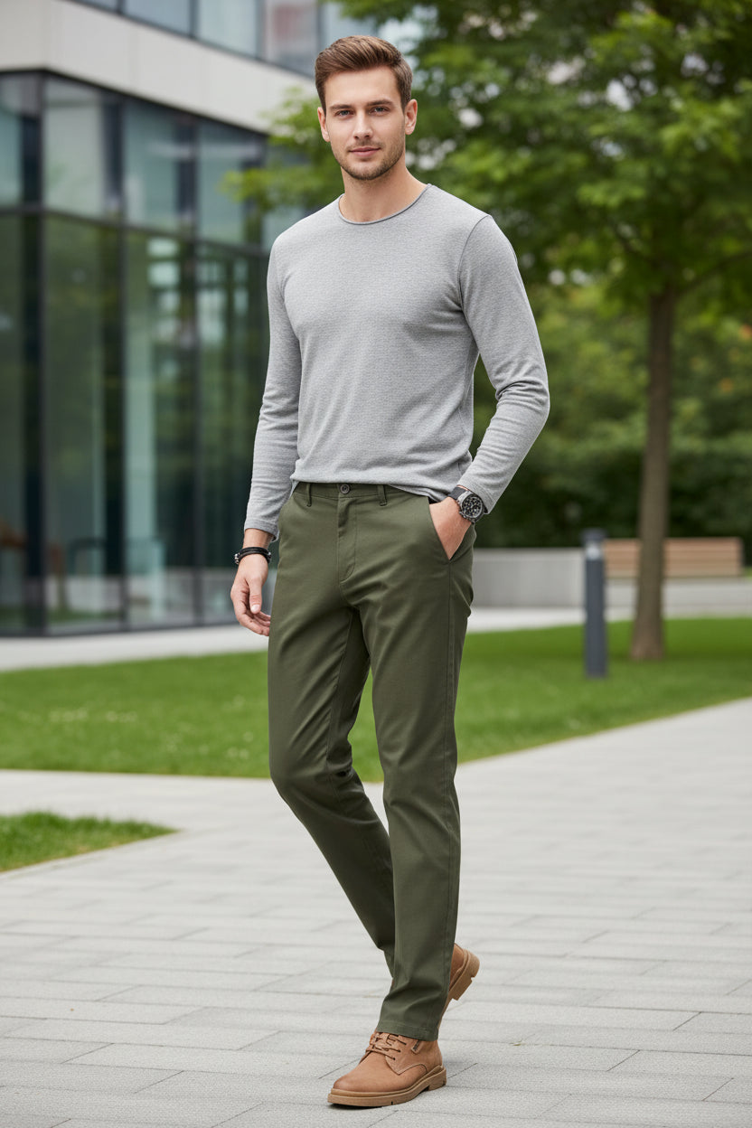 Green pants worn by a person on a gray background