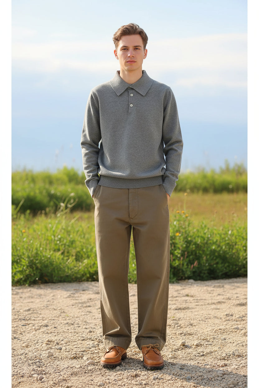 Person wearing a gray sweater and beige pants standing against a green background with a chair and bag in the corner.