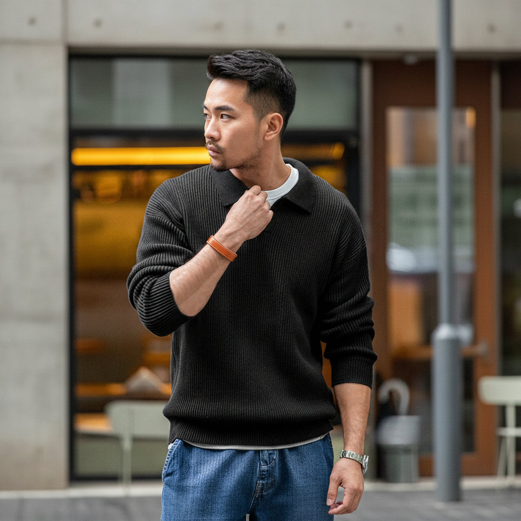 Person wearing a black sweater with a blurred indoor background
