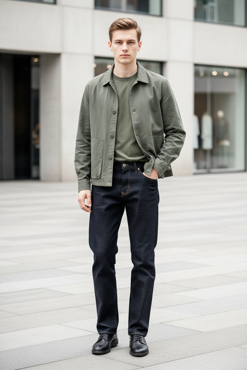 Person wearing a green jacket and dark jeans with a blurred background