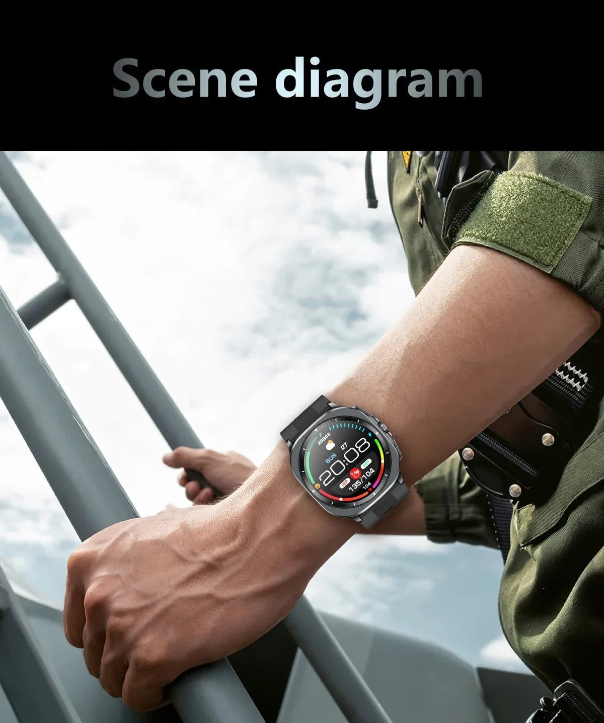 Person wearing a smartwatch with a scenic background