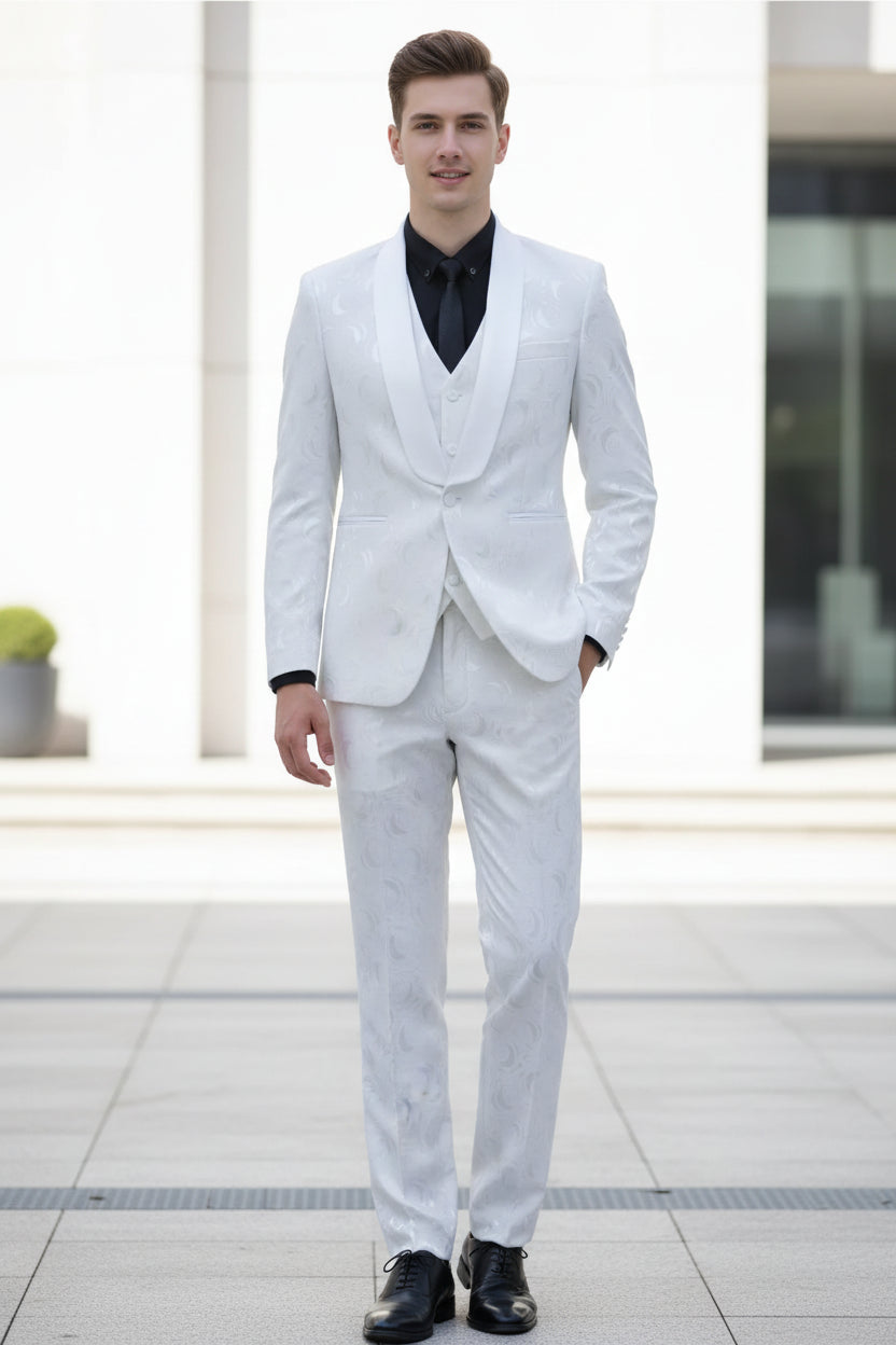 White patterned suit jacket with black shirt on a neutral background
