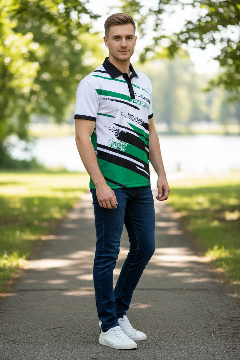 White polo shirt with green and black diagonal stripes on a white background