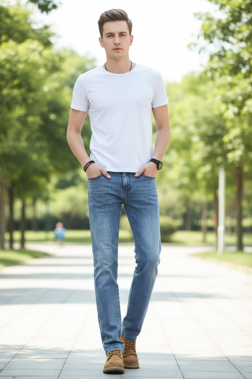 Person wearing blue jeans and brown shoes on a gray background