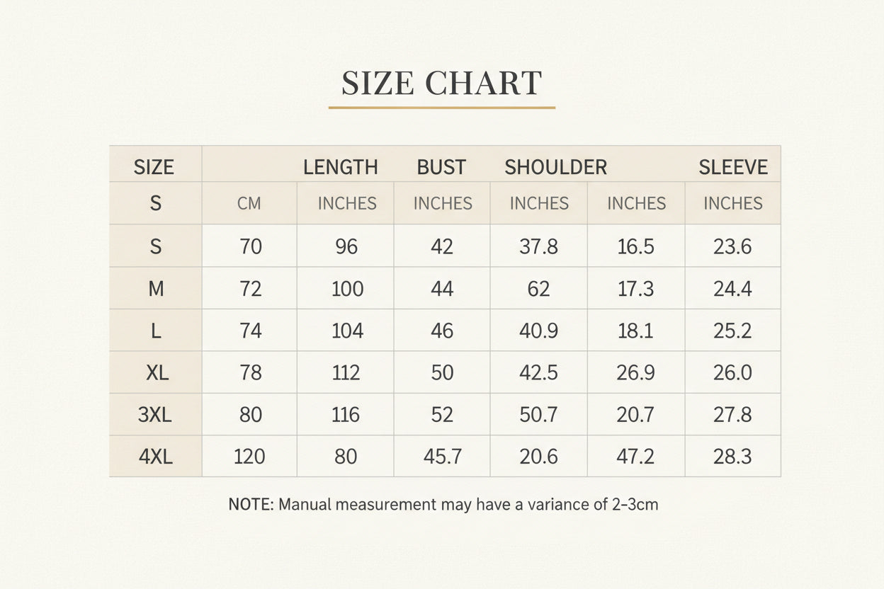 Size chart for clothing measurements in centimeters and inches with a note about measurement method errors.
