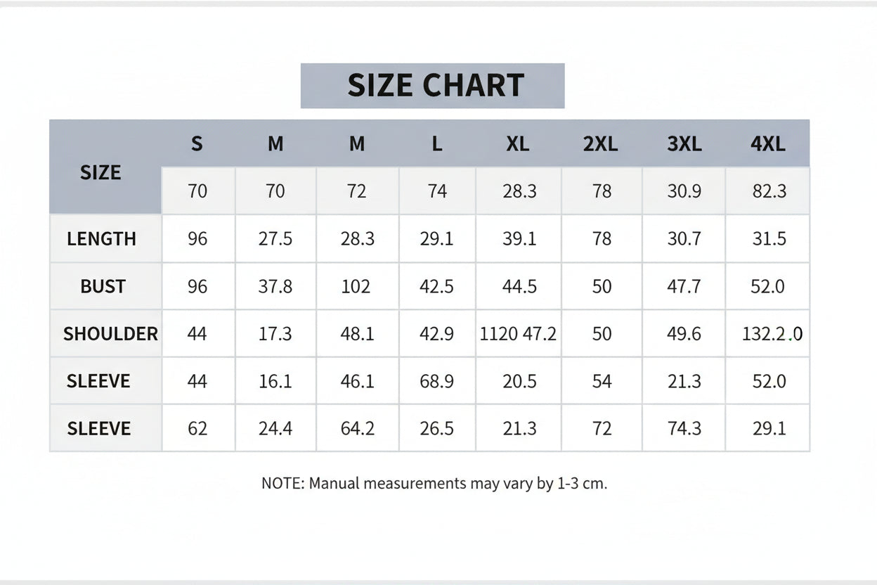 Size chart for clothing measurements in centimeters and inches with a note about measurement method errors.