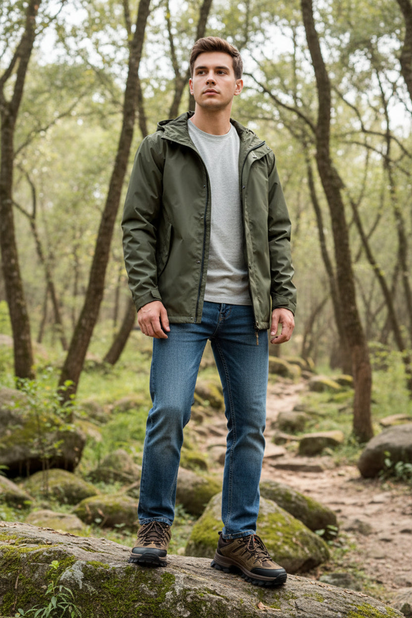 Brown hiking boots with black soles on a rocky surface, worn with blue jeans.