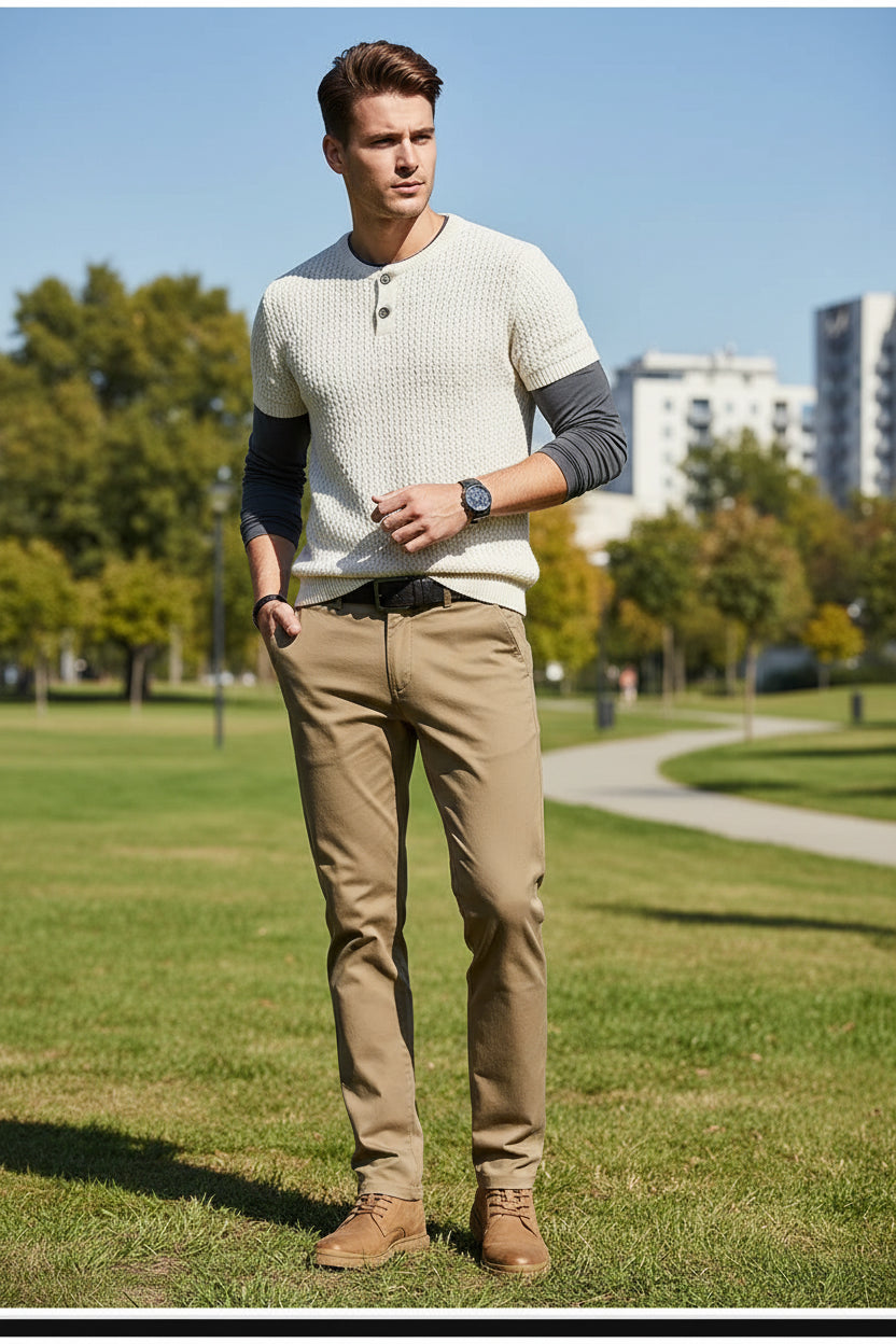 Person wearing khaki pants with a gray background