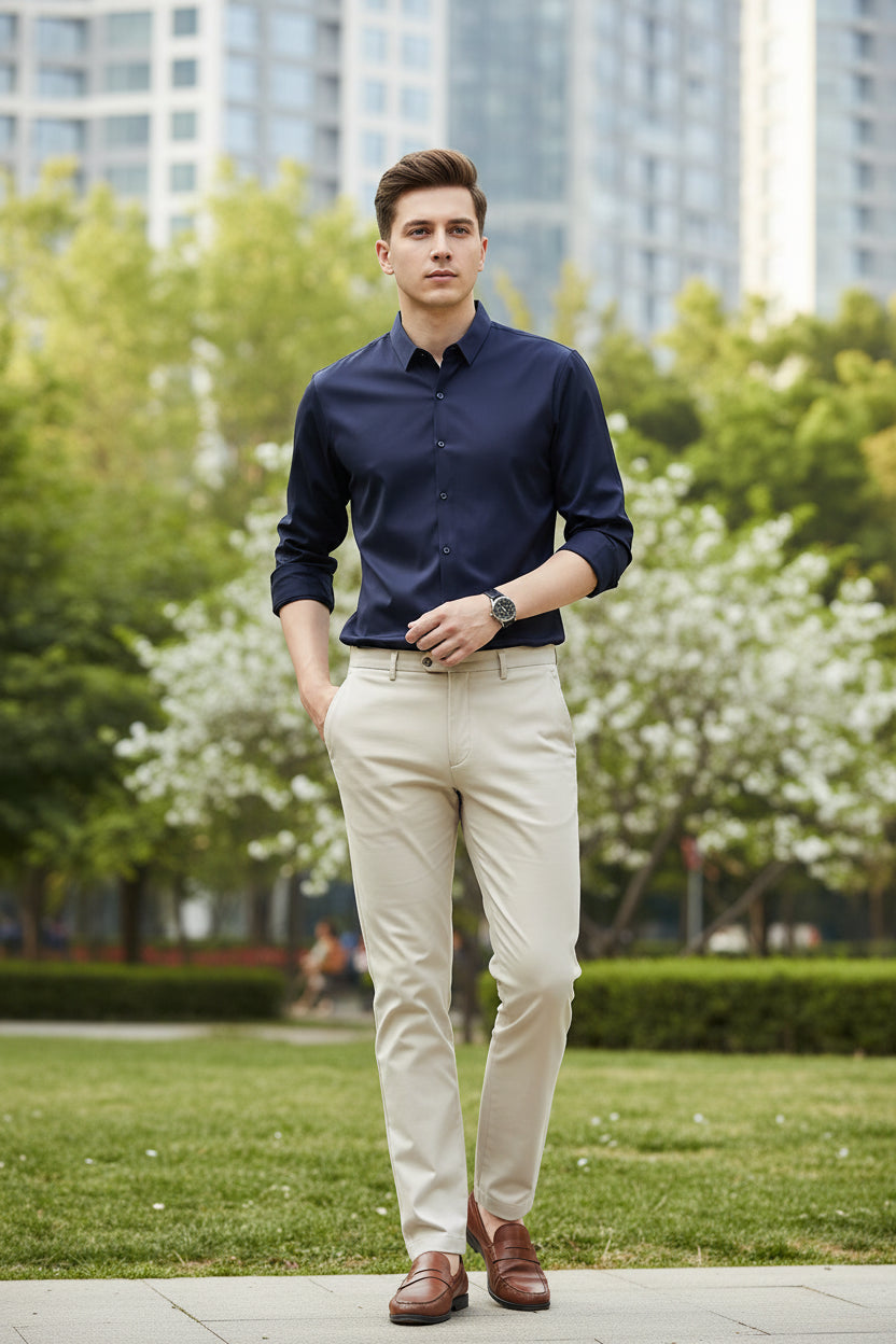 Person wearing a navy blue shirt with rolled-up sleeves on a dark background