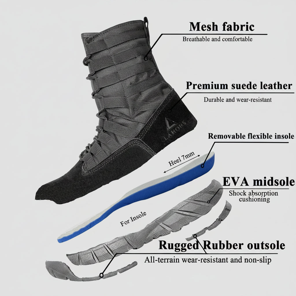 Black boot with features highlighted on a white background