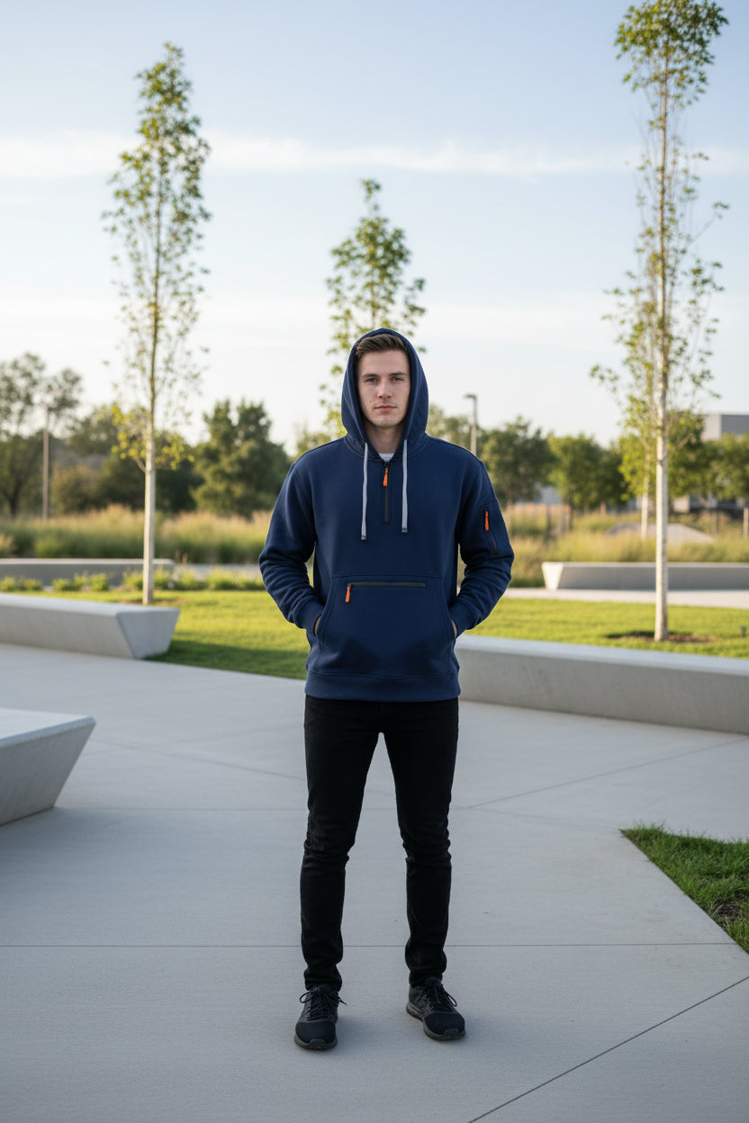 Navy blue hoodie with orange zippers on a white background