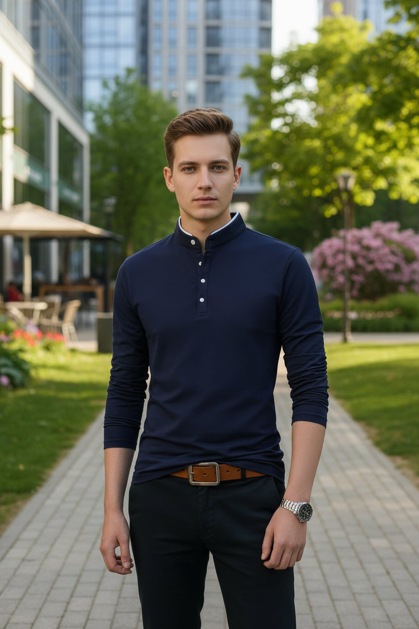 Men's Business Casual Long Sleeve Polo Shirt  Comfortable,