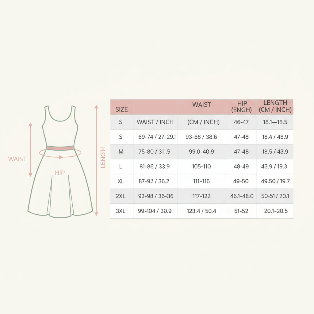 Woman wearing a pink top and gray skirt with measurement chart on a white background