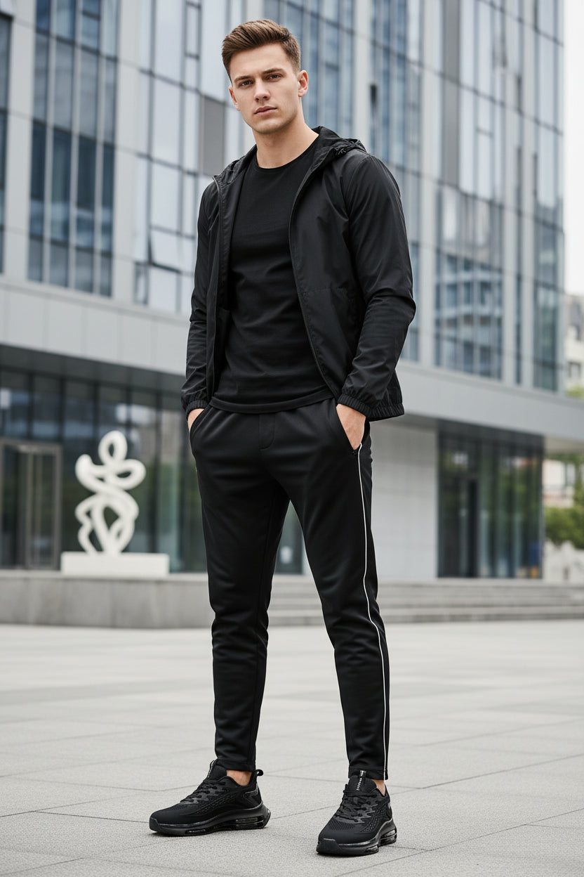 Black athletic shoes with visible branding on a reflective surface