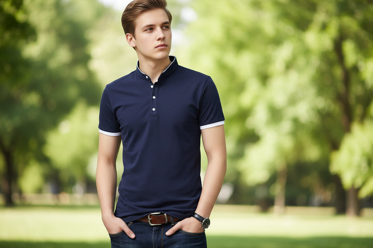 Navy blue polo shirt with white trim worn by a person on a gray background