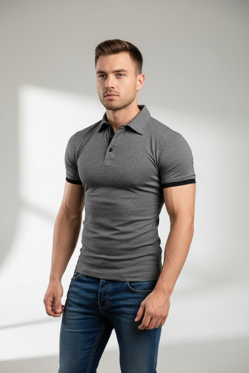 Man wearing a gray polo shirt on a white background