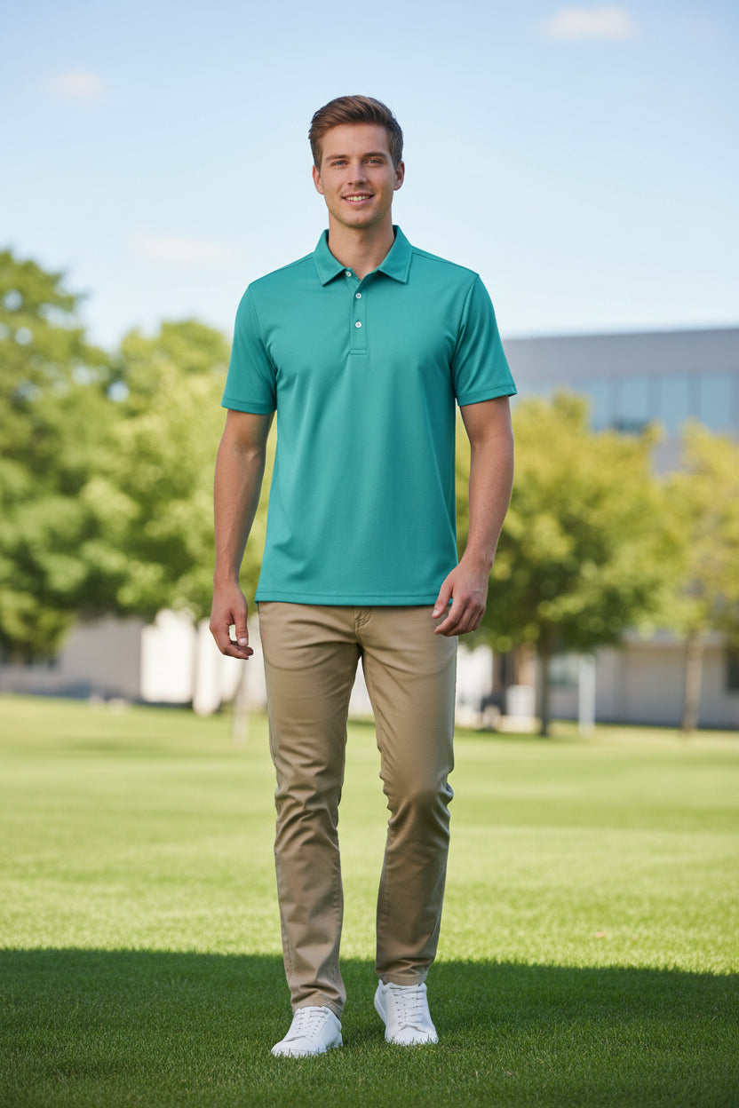 Teal polo shirt on a white background