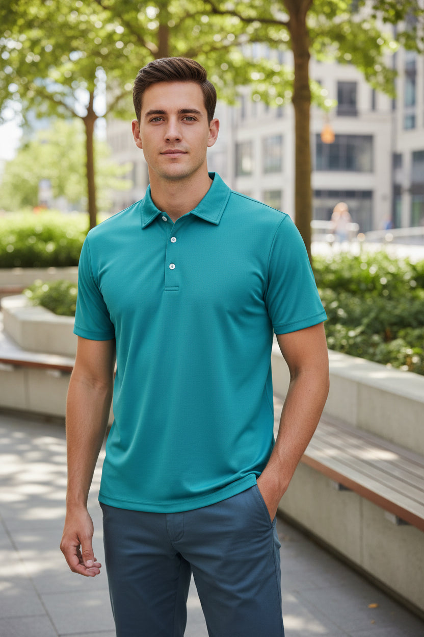 Teal polo shirt on a white background