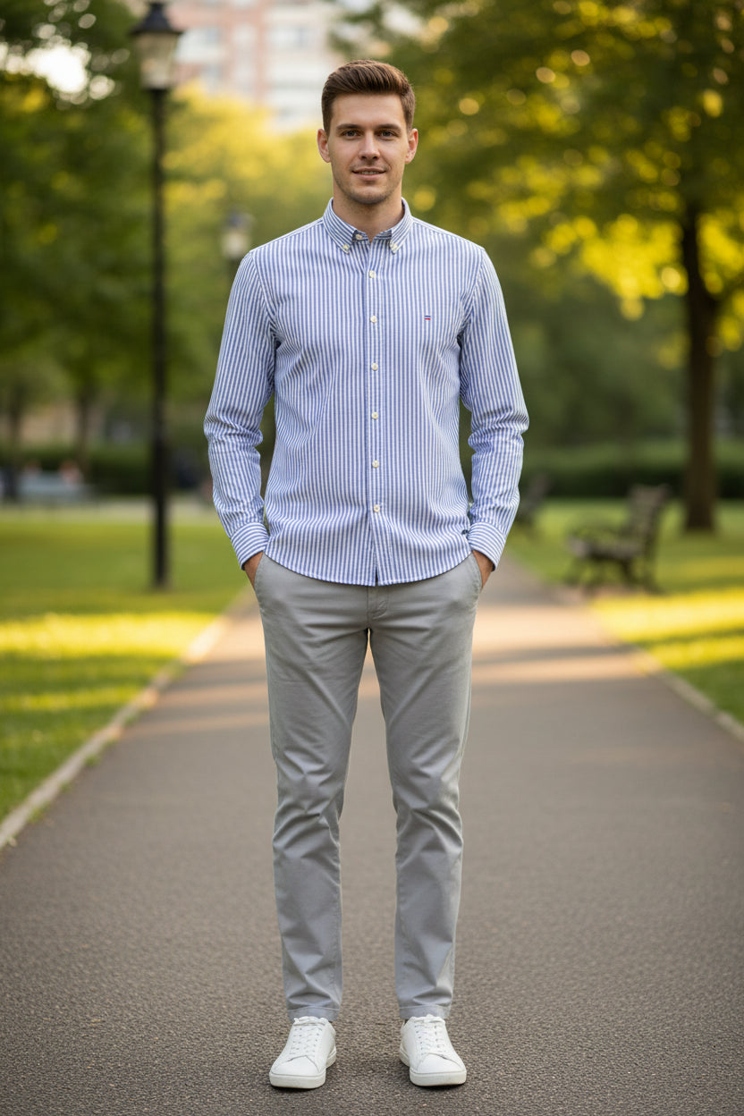 Folded blue and white striped shirt with brand logo on a light gray background