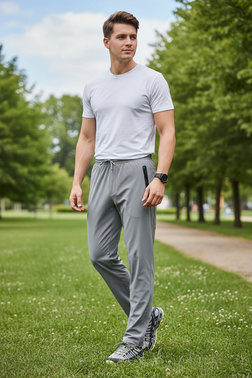 Person wearing gray athletic pants with a zipper on a white background