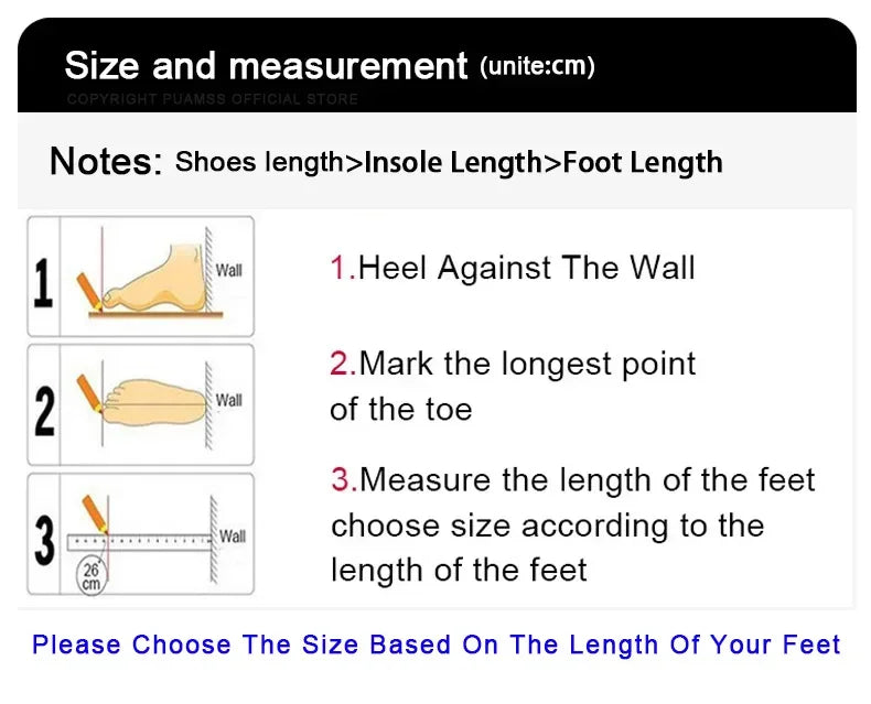 Instructions for measuring foot length using a wall and ruler, with text on a white background.