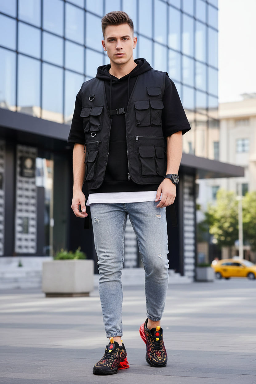 Black and red athletic shoes with flame design held by a person wearing jeans.