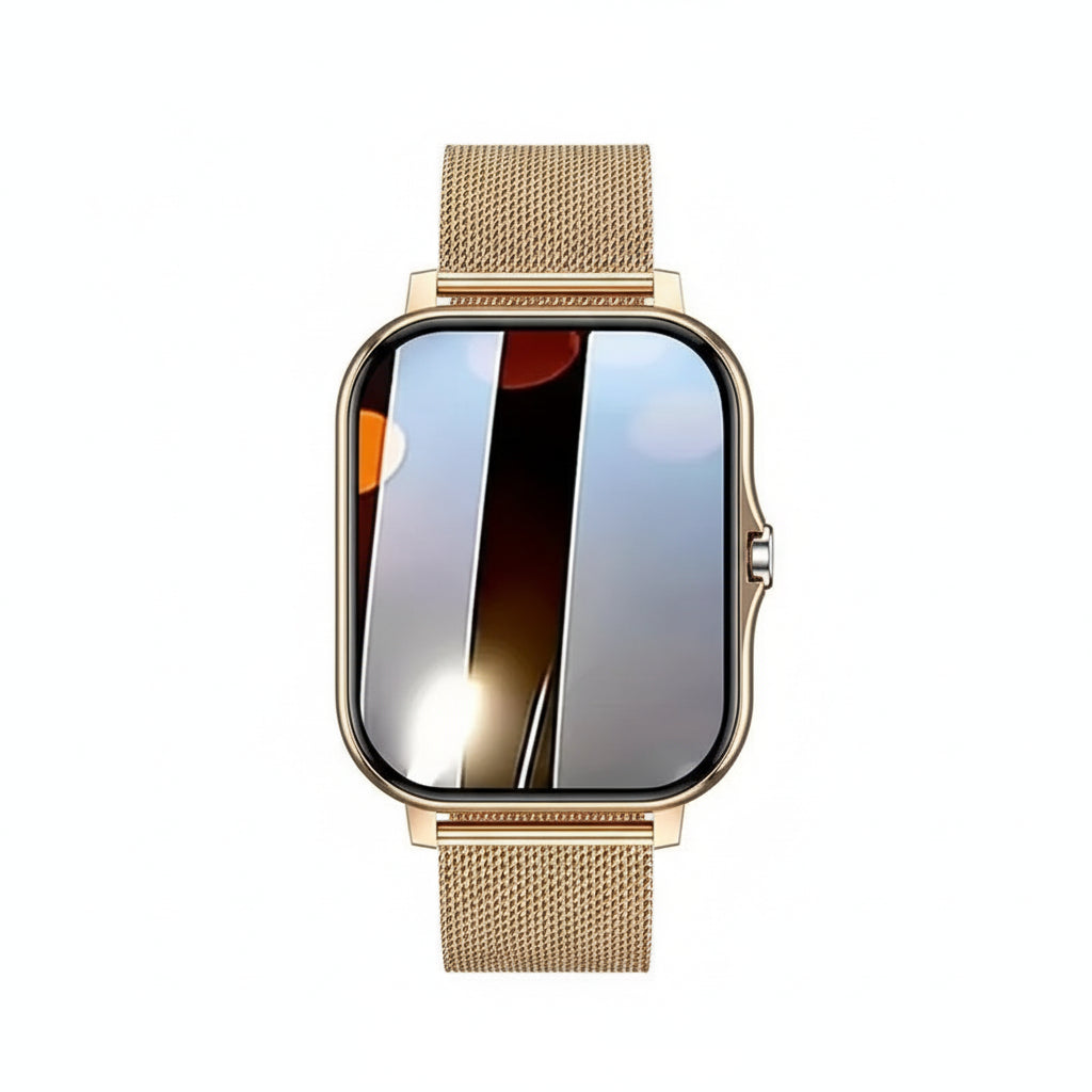 Gold smartwatch with mesh band on a sparkling background