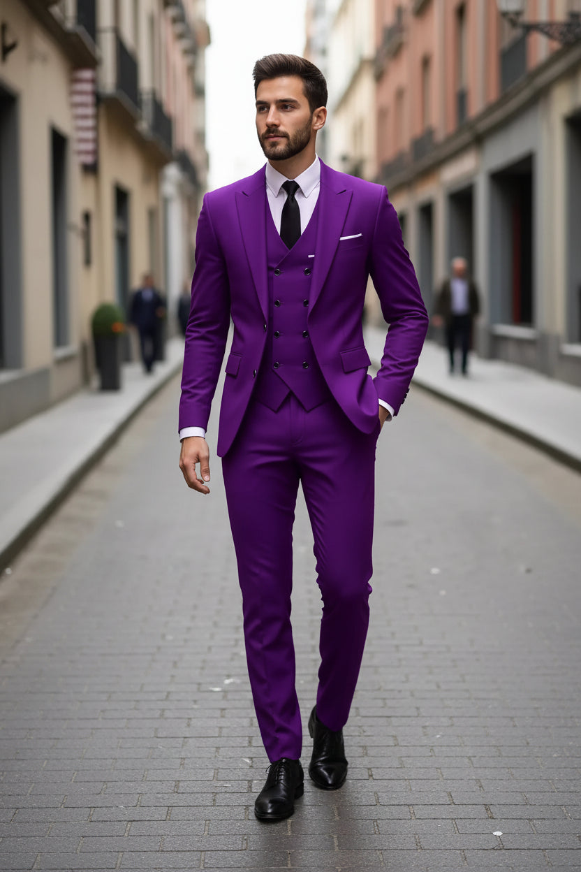 Man wearing a purple suit with a black tie on a city street.