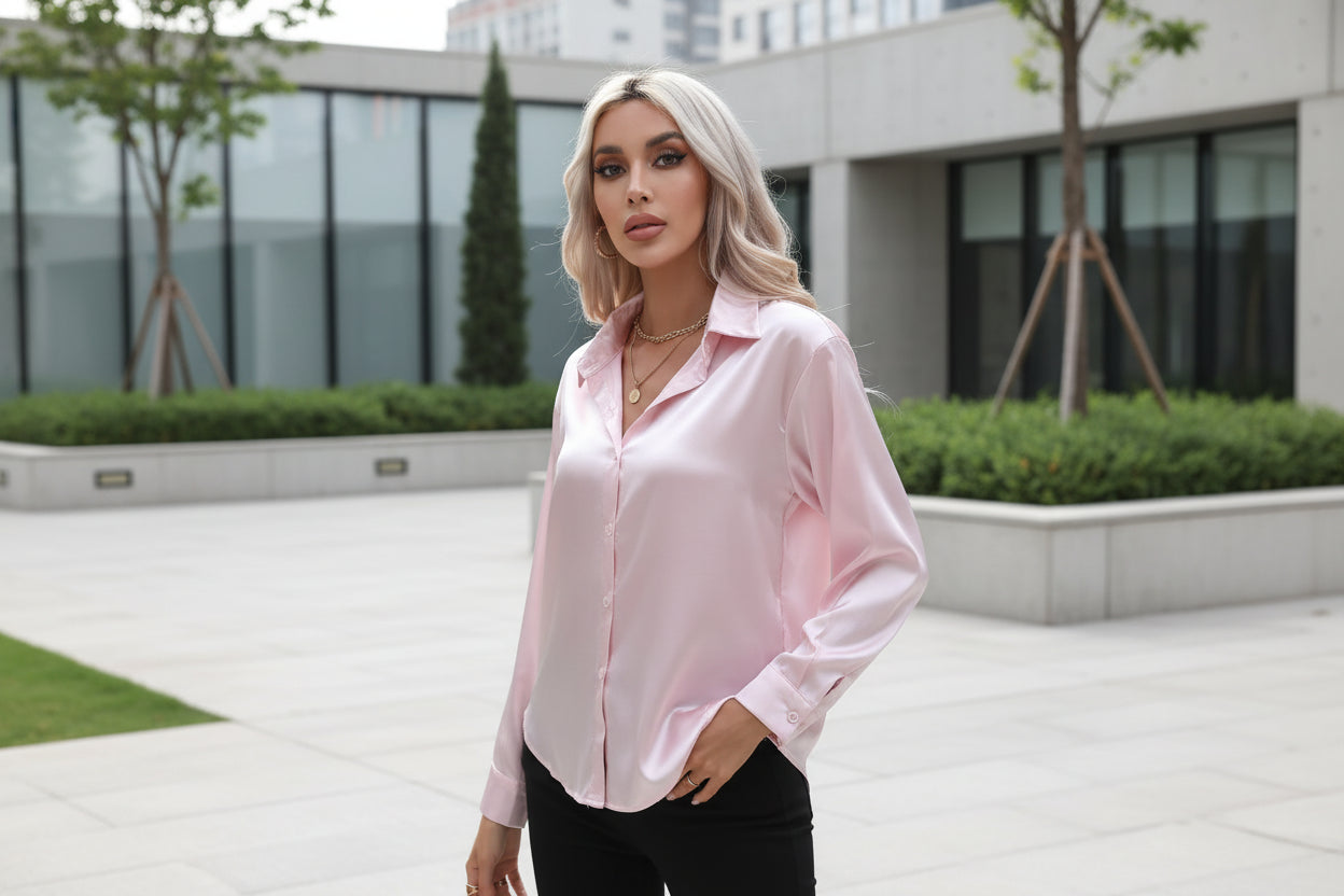 Woman wearing a light pink satin shirt against a white background