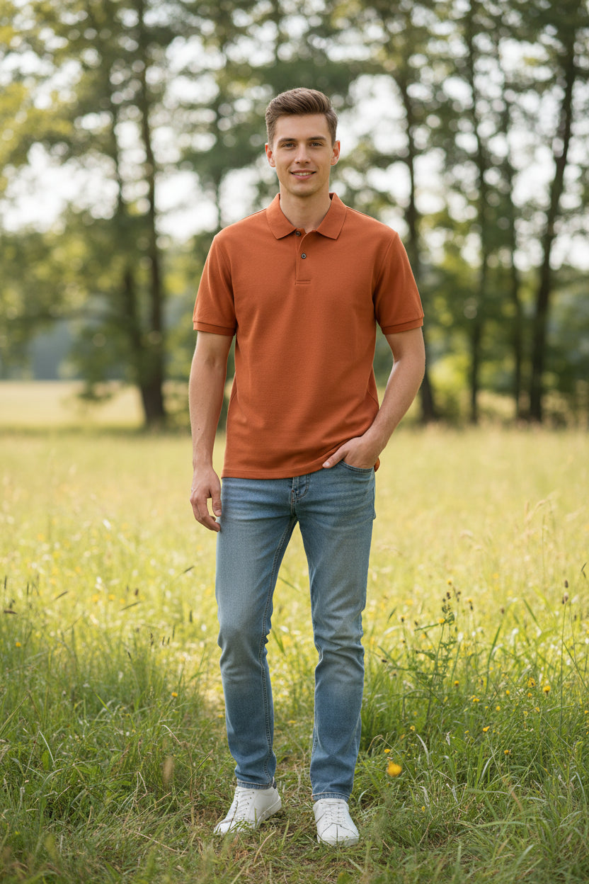 Orange polo shirt on a hanger with a hand touching it, against a blurred background of more shirts.
